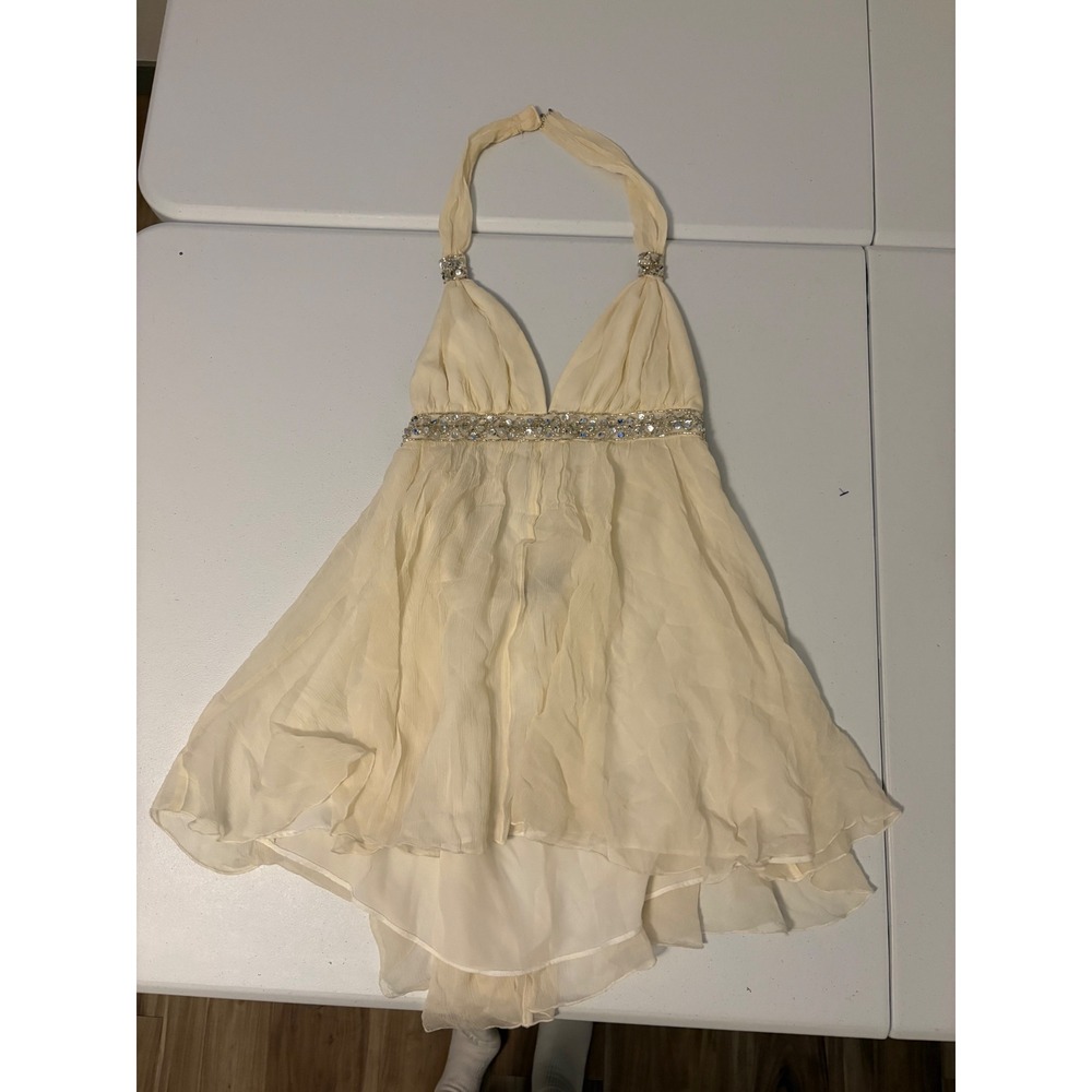 Express 100% Silk Halter Top Mini Dress Sequin Empire Waist Cream Ivory M c5